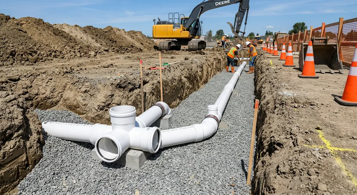 New PVC sewer pipe installation in open trench for Sewer Backup in Jamul