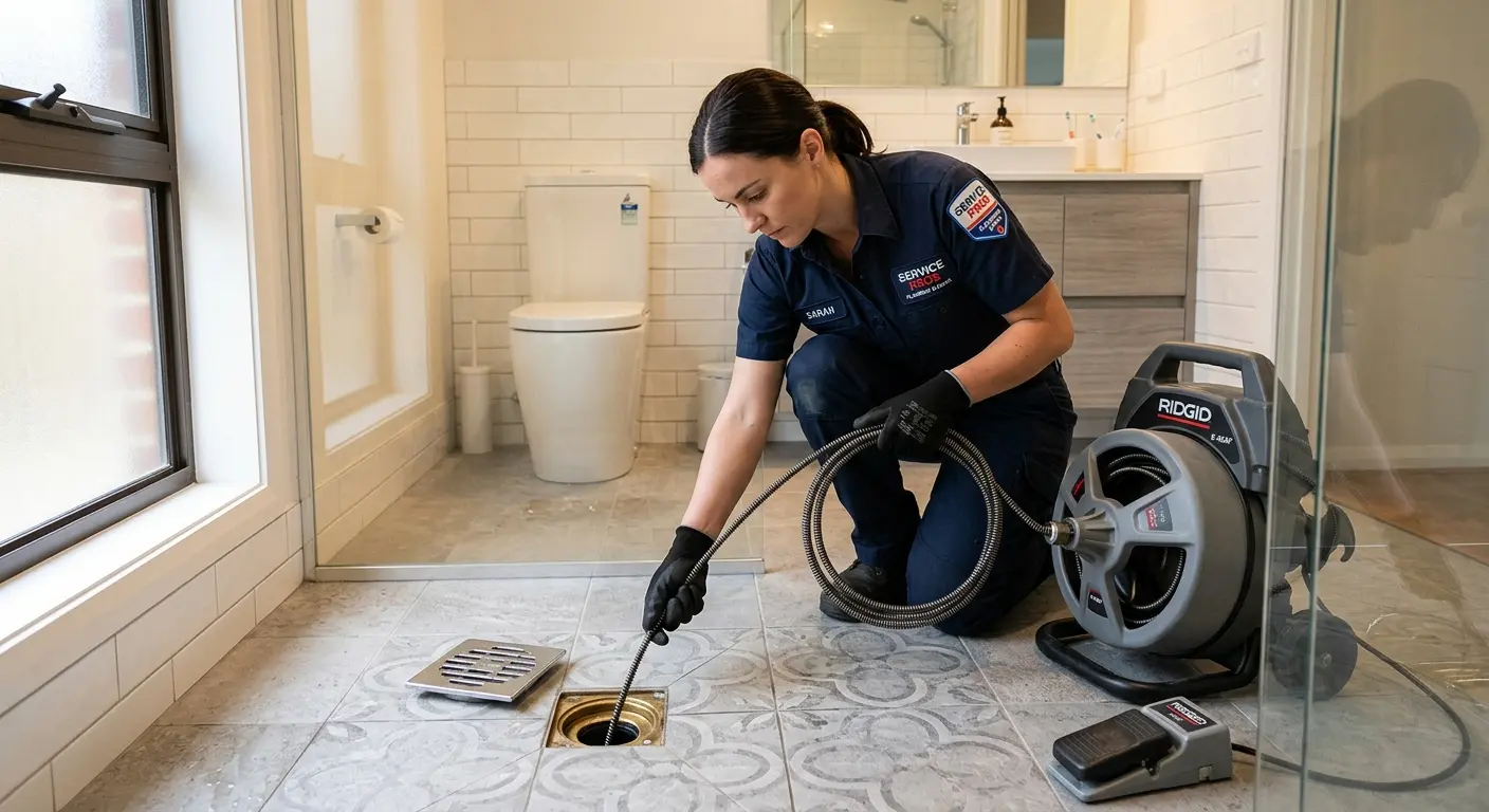 Technician clearing a bathroom floor drain for Drain Repair in Jamul